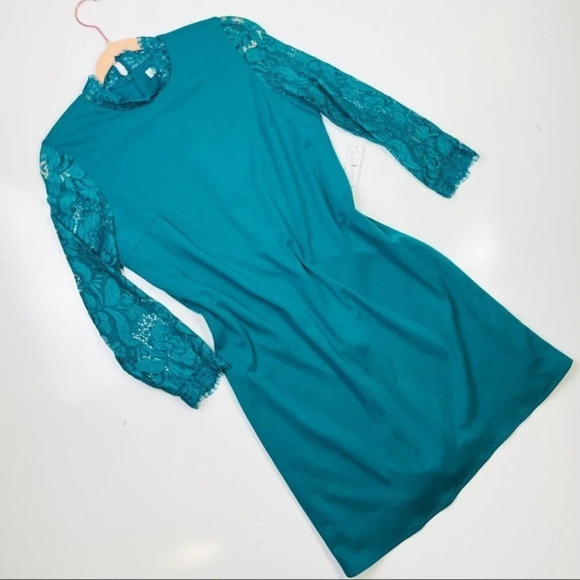 Charming Charlie Teal Aqua Lace Sleeve Shift Dress‎ Size Small - Picture 1 of 8